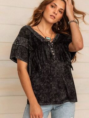 Washed Black Fringe Henley Short Sleeve V-Neck Top
